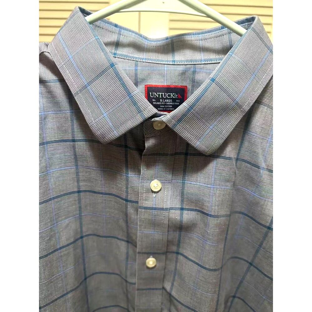 UNTUCKit Men’s XL Relaxed Fit Wrinkle Free Blue Plaid 100% Cotton Shirt
